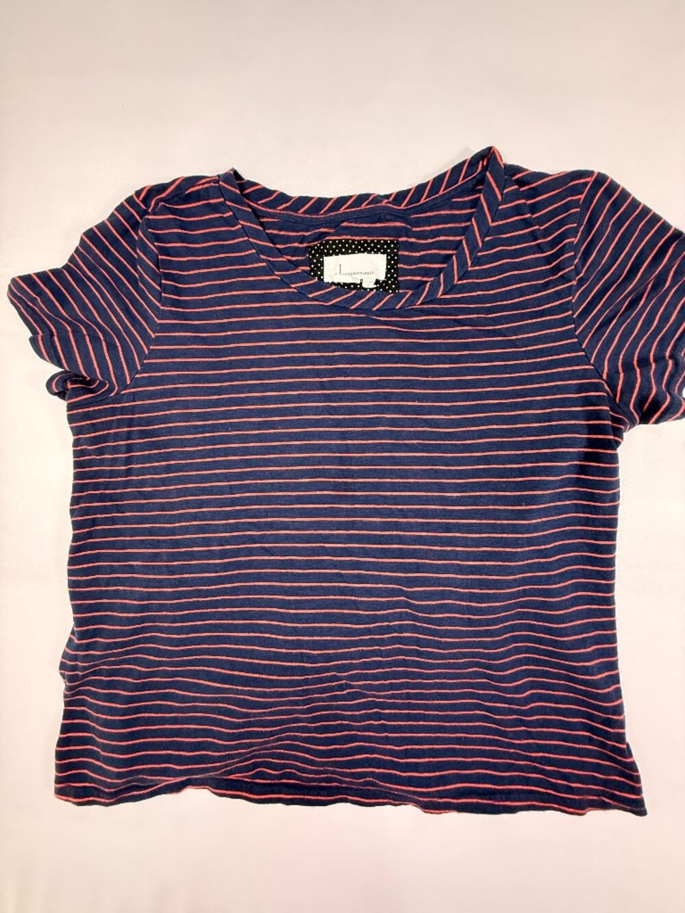 By Anthropologie Navy Coral Striped Ruffle Peplum Top L